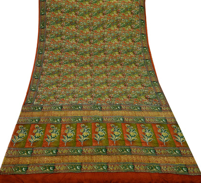 Indian Vintage Sari Orange & Green 100% Pure Silk Printed Saree Craft Fabric 5yd Sewing Dress Making Soft Wrap Quilting Crafting Upcycle
