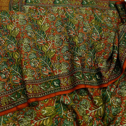 Indian Vintage Sari Orange & Green 100% Pure Silk Printed Saree Craft Fabric 5yd Sewing Dress Making Soft Wrap Quilting Crafting Upcycle