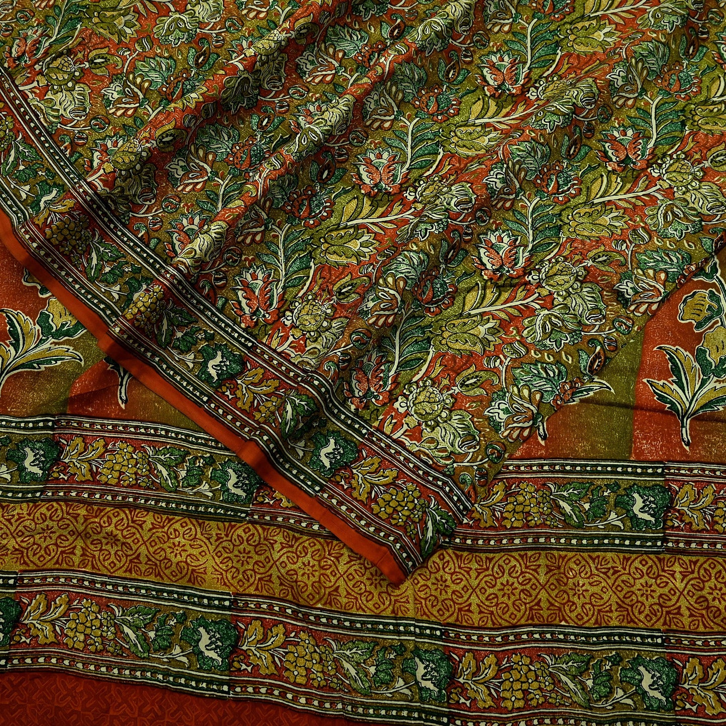Indian Vintage Sari Orange & Green 100% Pure Silk Printed Saree Craft Fabric 5yd Sewing Dress Making Soft Wrap Quilting Crafting Upcycle