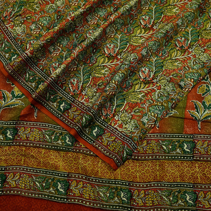 Indian Vintage Sari Orange & Green 100% Pure Silk Printed Saree Craft Fabric 5yd Sewing Dress Making Soft Wrap Quilting Crafting Upcycle