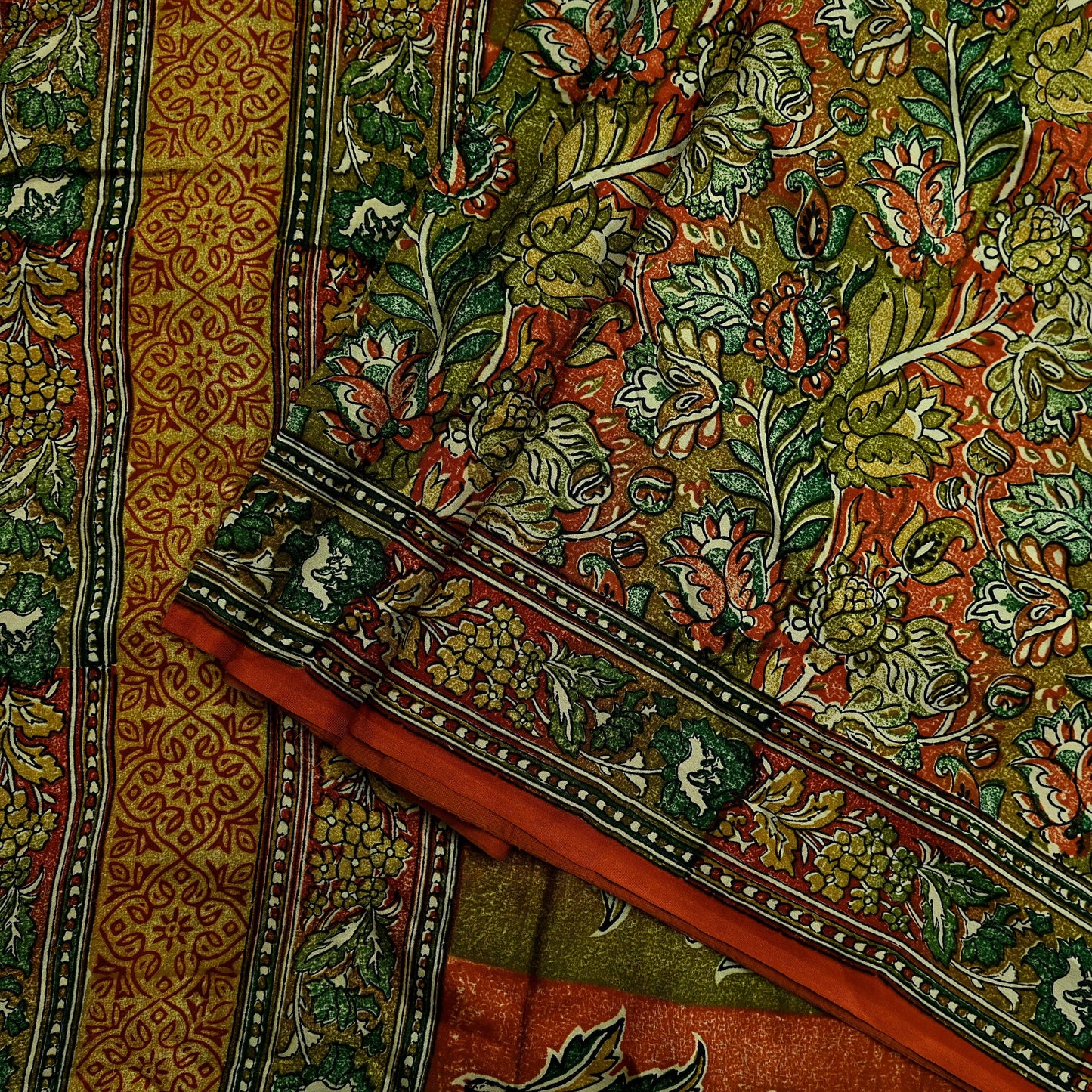 Indian Vintage Sari Orange & Green 100% Pure Silk Printed Saree Craft Fabric 5yd Sewing Dress Making Soft Wrap Quilting Crafting Upcycle