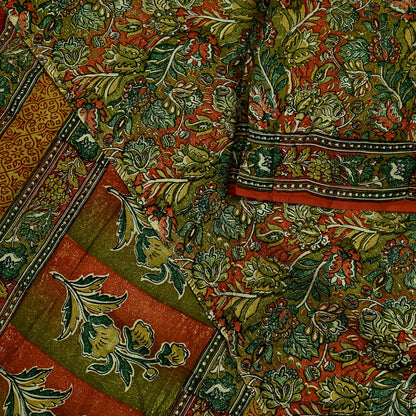 Indian Vintage Sari Orange & Green 100% Pure Silk Printed Saree Craft Fabric 5yd Sewing Dress Making Soft Wrap Quilting Crafting Upcycle