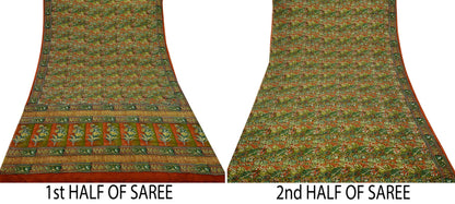 Indian Vintage Sari Orange & Green 100% Pure Silk Printed Saree Craft Fabric 5yd Sewing Dress Making Soft Wrap Quilting Crafting Upcycle