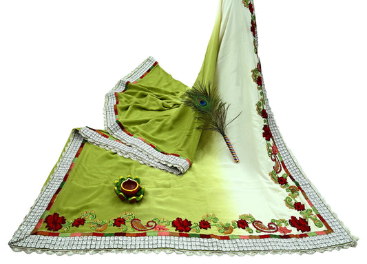 Indian Vintage Heavy Sarees Green & White Pure Georgette Silk Hand Embroidered Sari Fabric 5Yd Sewing Ethnic Sequins Wedding sarees