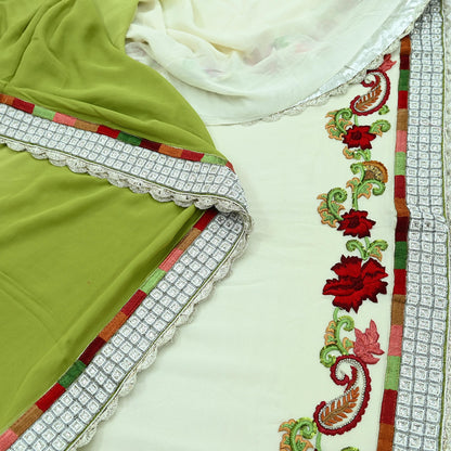 Indian Vintage Heavy Sarees Green & White Pure Georgette Silk Hand Embroidered Sari Fabric 5Yd Sewing Ethnic Sequins Wedding sarees