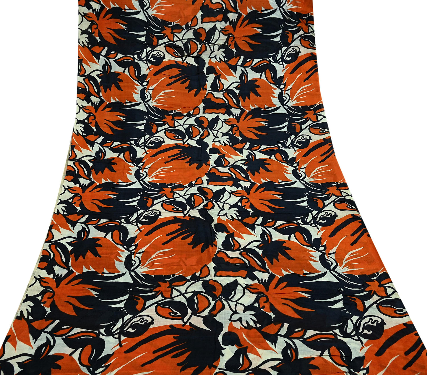 Indian Vintage Black & Orange Saree 100% Pure Silk Printed Sari Craft Fabric 5yd Sewing DressMaking Soft Quilting Upcycle For Crafting
