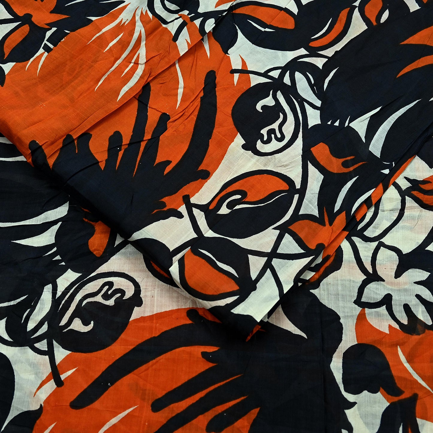 Indian Vintage Black & Orange Saree 100% Pure Silk Printed Sari Craft Fabric 5yd Sewing DressMaking Soft Quilting Upcycle For Crafting
