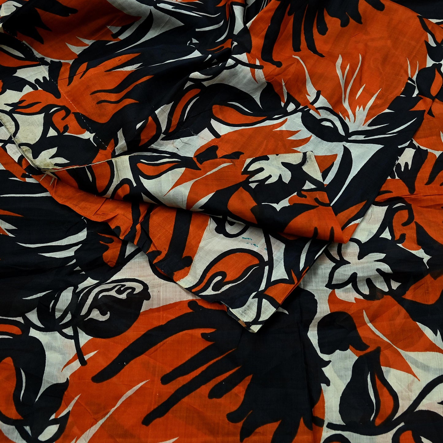 Indian Vintage Black & Orange Saree 100% Pure Silk Printed Sari Craft Fabric 5yd Sewing DressMaking Soft Quilting Upcycle For Crafting