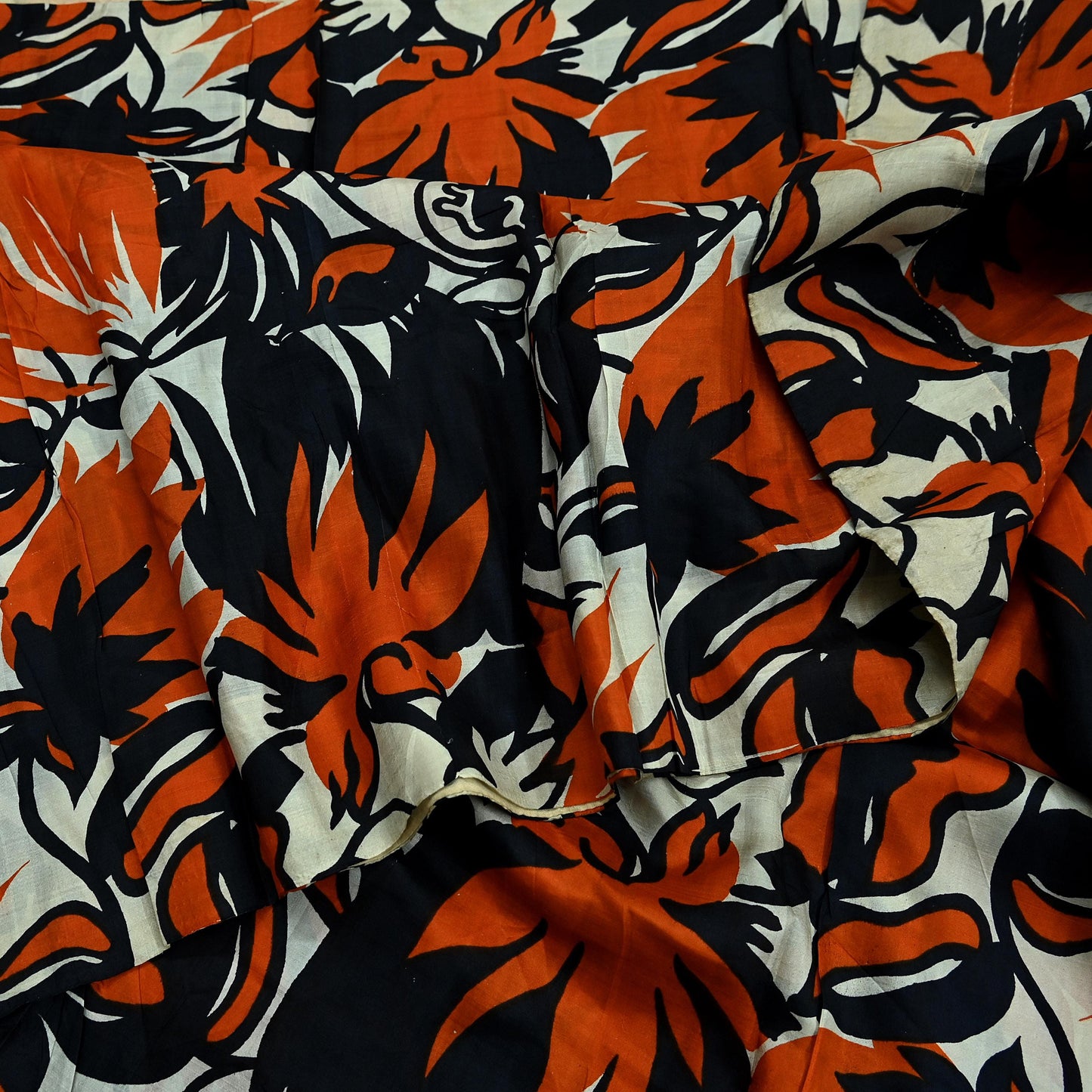 Indian Vintage Black & Orange Saree 100% Pure Silk Printed Sari Craft Fabric 5yd Sewing DressMaking Soft Quilting Upcycle For Crafting