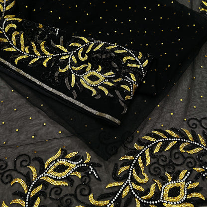 Indian Heavy Sari Black Net/Mesh Hand Embroidered Sarees Craft Fabric 6Yd Sewing Soft Zardozi Wedding sarees With Blouse fabric