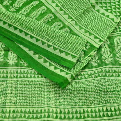 Indian Vintage Sari Green & Ivory Printed Pure Cotton Sarees 5Yd Craft Fabric Soft Sewing Sarong Wrap Boho Upcycle quilting Dress making