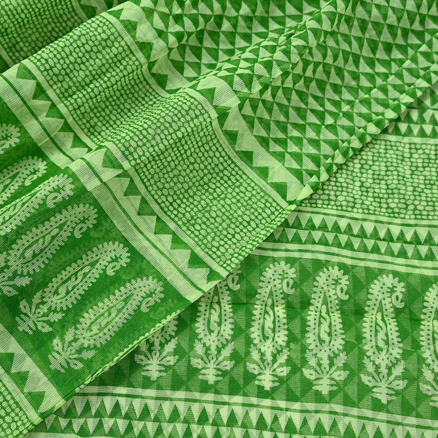 Indian Vintage Sari Green & Ivory Printed Pure Cotton Sarees 5Yd Craft Fabric Soft Sewing Sarong Wrap Boho Upcycle quilting Dress making