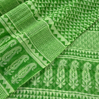 Indian Vintage Sari Green & Ivory Printed Pure Cotton Sarees 5Yd Craft Fabric Soft Sewing Sarong Wrap Boho Upcycle quilting Dress making