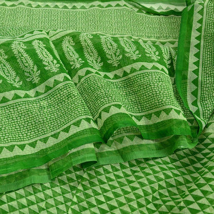 Indian Vintage Sari Green & Ivory Printed Pure Cotton Sarees 5Yd Craft Fabric Soft Sewing Sarong Wrap Boho Upcycle quilting Dress making