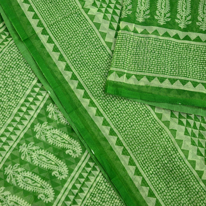 Indian Vintage Sari Green & Ivory Printed Pure Cotton Sarees 5Yd Craft Fabric Soft Sewing Sarong Wrap Boho Upcycle quilting Dress making