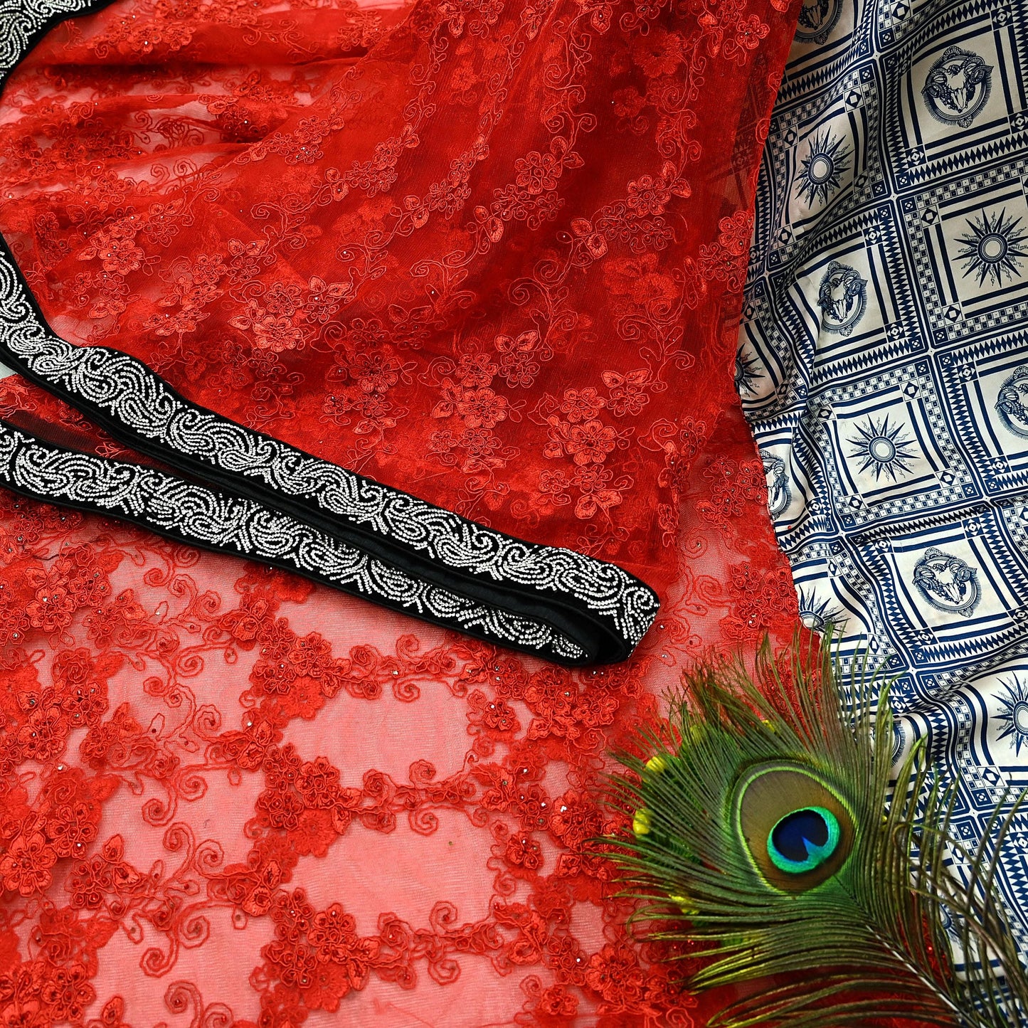Indian Vintage Heavy Wedding Sari Satin Silk Net/Mesh Hand Beaded Sarees Fabric 6Yd Sewing Ethnic With Matching Unstitched Blouse Fabric