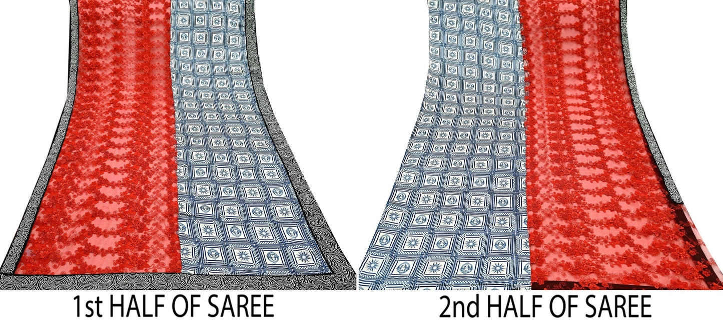 Indian Vintage Heavy Wedding Sari Satin Silk Net/Mesh Hand Beaded Sarees Fabric 6Yd Sewing Ethnic With Matching Unstitched Blouse Fabric