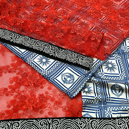 Indian Vintage Heavy Wedding Sari Satin Silk Net/Mesh Hand Beaded Sarees Fabric 6Yd Sewing Ethnic With Matching Unstitched Blouse Fabric