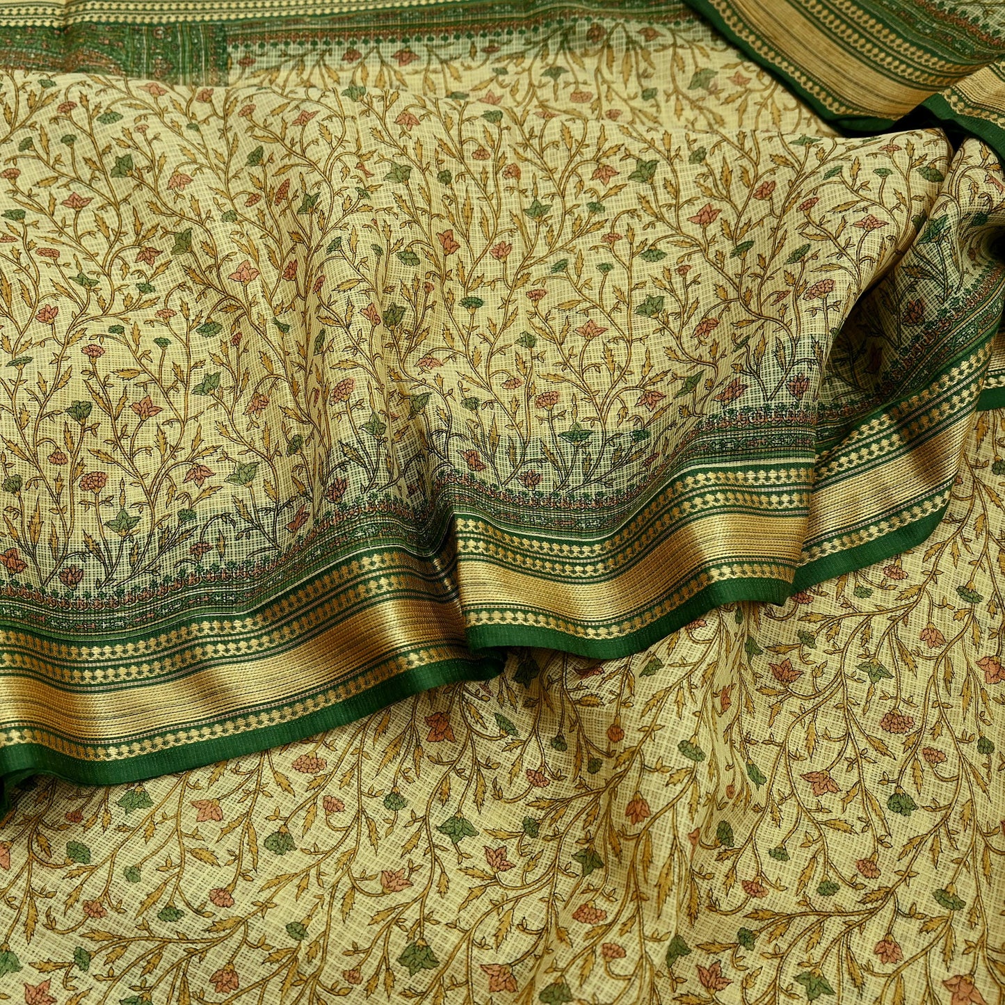 Indian Vintage Sari Beige & Green Pure Cotton Printed Sarees Craft Fabric Soft 5Yd Sarong Wrap Boho Fabric Kimono Quilting Crafting Upcycle