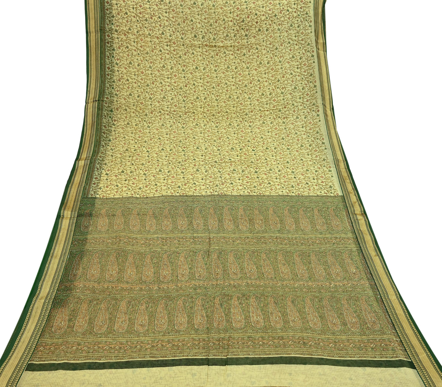 Indian Vintage Sari Beige & Green Pure Cotton Printed Sarees Craft Fabric Soft 5Yd Sarong Wrap Boho Fabric Kimono Quilting Crafting Upcycle