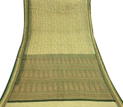 Indian Vintage Sari Beige & Green Pure Cotton Printed Sarees Craft Fabric Soft 5Yd Sarong Wrap Boho Fabric Kimono Quilting Crafting Upcycle