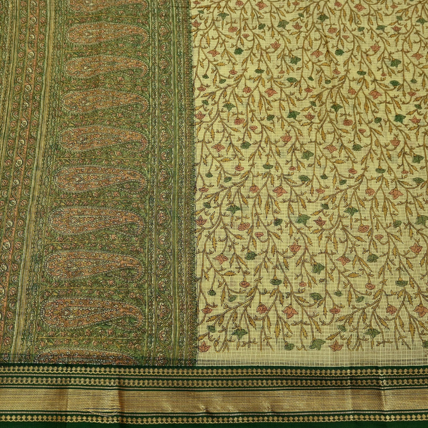 Indian Vintage Sari Beige & Green Pure Cotton Printed Sarees Craft Fabric Soft 5Yd Sarong Wrap Boho Fabric Kimono Quilting Crafting Upcycle