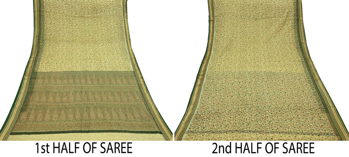 Indian Vintage Sari Beige & Green Pure Cotton Printed Sarees Craft Fabric Soft 5Yd Sarong Wrap Boho Fabric Kimono Quilting Crafting Upcycle