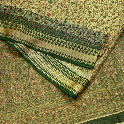 Indian Vintage Sari Beige & Green Pure Cotton Printed Sarees Craft Fabric Soft 5Yd Sarong Wrap Boho Fabric Kimono Quilting Crafting Upcycle