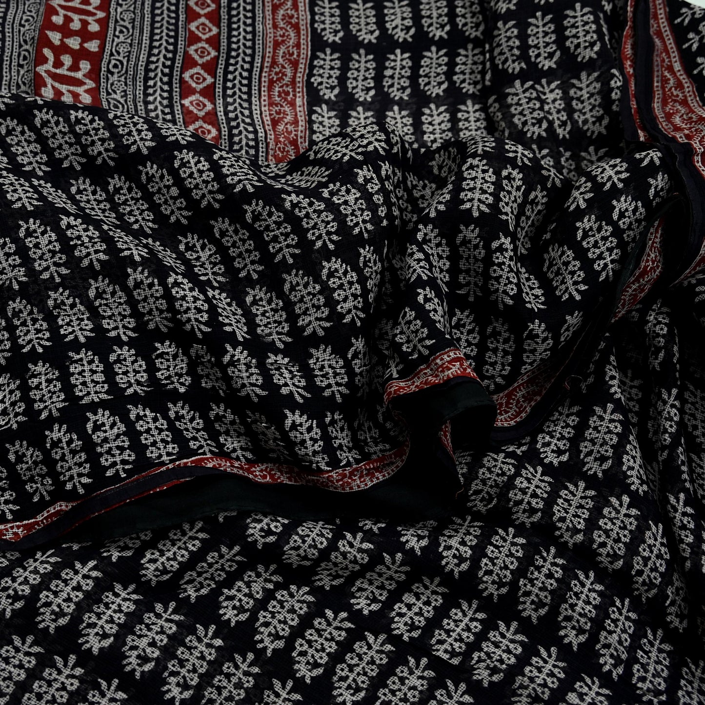 Indian Vintage Sari Maroon & Black Printed 100% Pure Cotton Saree Craft Soft Fabric 5Yd Sewing Sarong Wrap Floral Quilting Upcycle Crafting