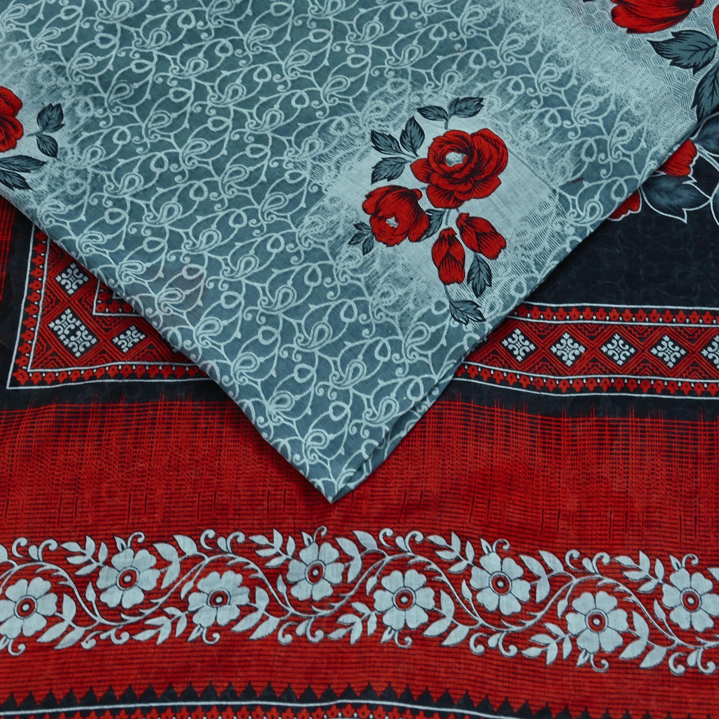 Indian Vintage Sari Red & Gray Printed Pure Cotton Sarees Craft Fabric Soft 5Yd Sewing Sarong Wrap Boho Quilting Crafting Dress making