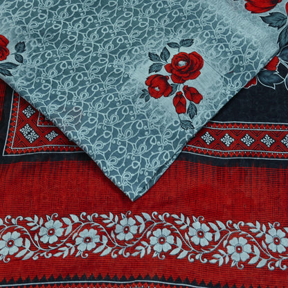 Indian Vintage Sari Red & Gray Printed Pure Cotton Sarees Craft Fabric Soft 5Yd Sewing Sarong Wrap Boho Quilting Crafting Dress making