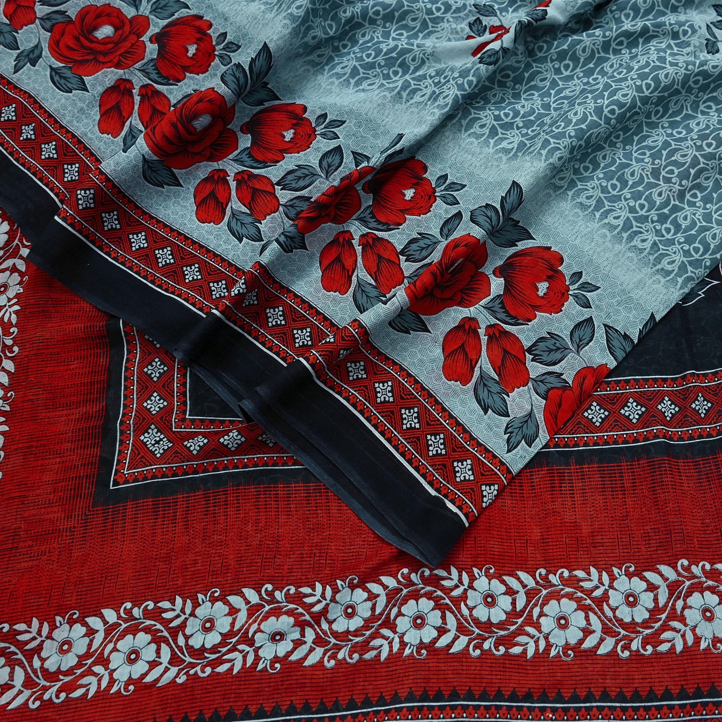 Indian Vintage Sari Red & Gray Printed Pure Cotton Sarees Craft Fabric Soft 5Yd Sewing Sarong Wrap Boho Quilting Crafting Dress making