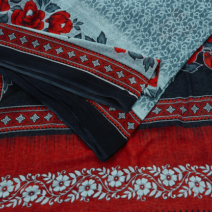 Indian Vintage Sari Red & Gray Printed Pure Cotton Sarees Craft Fabric Soft 5Yd Sewing Sarong Wrap Boho Quilting Crafting Dress making