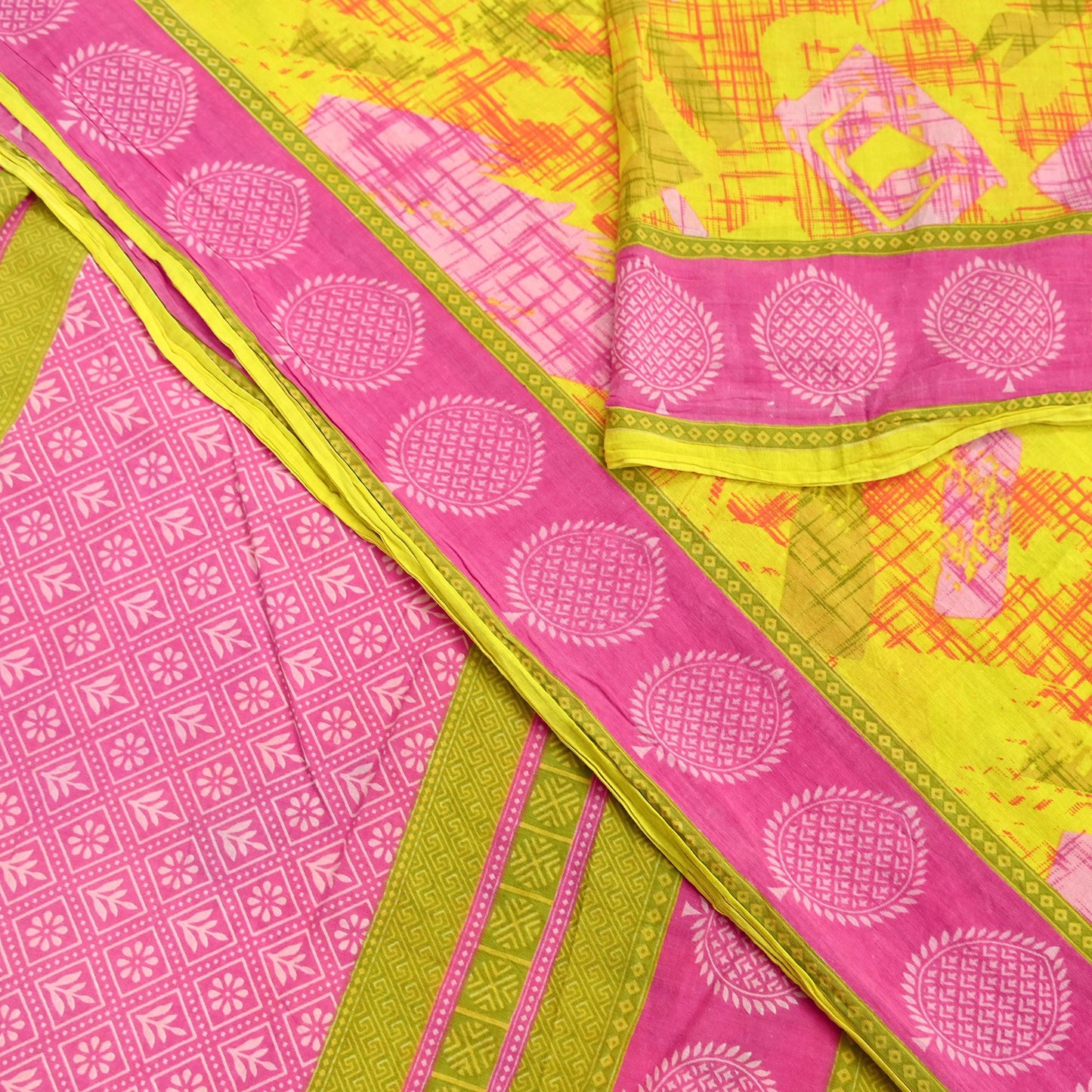 Indian Vintage Sari Pink & Yellow Printed 100% Pure Cotton Saree Craft Fabric 5Yd Soft Sewing Sarong Wrap Boho