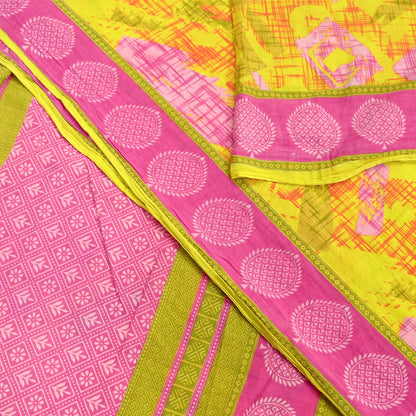 Indian Vintage Sari Pink & Yellow Printed 100% Pure Cotton Saree Craft Fabric 5Yd Soft Sewing Sarong Wrap Boho