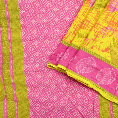 Indian Vintage Sari Pink & Yellow Printed 100% Pure Cotton Saree Craft Fabric 5Yd Soft Sewing Sarong Wrap Boho