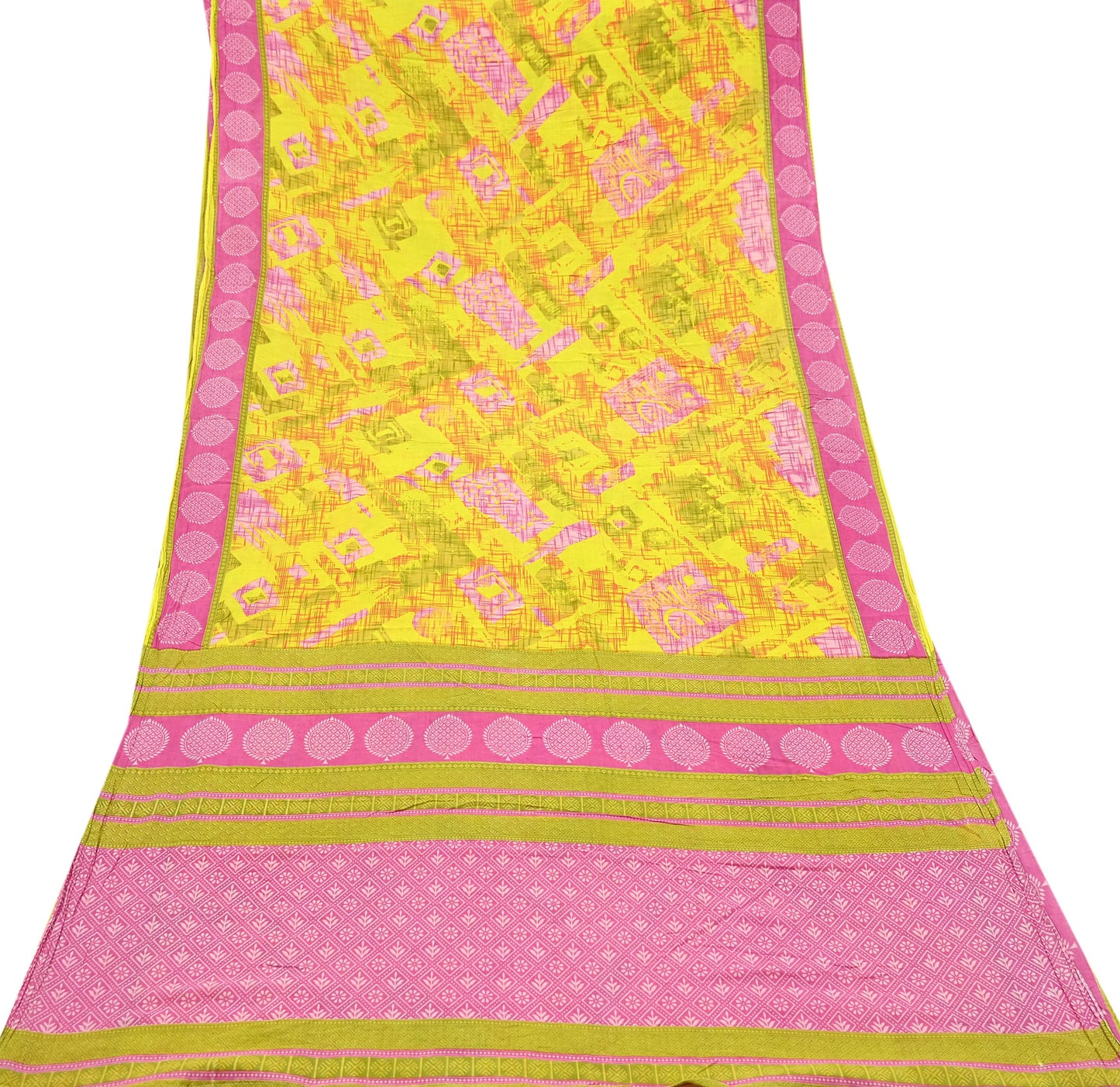 Indian Vintage Sari Pink & Yellow Printed 100% Pure Cotton Saree Craft Fabric 5Yd Soft Sewing Sarong Wrap Boho
