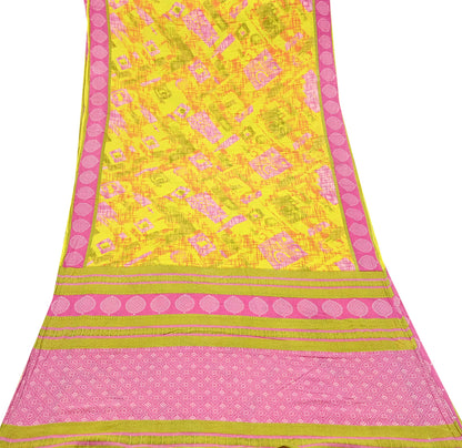 Indian Vintage Sari Pink & Yellow Printed 100% Pure Cotton Saree Craft Fabric 5Yd Soft Sewing Sarong Wrap Boho