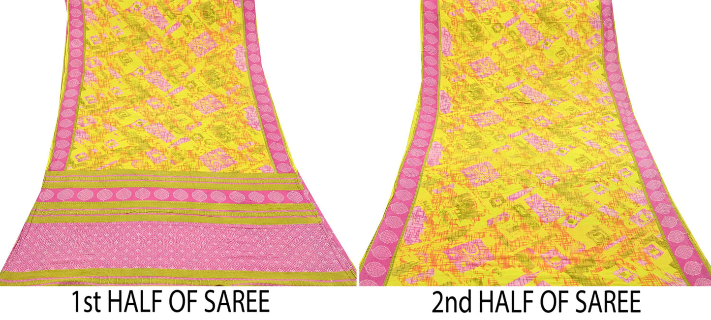 Indian Vintage Sari Pink & Yellow Printed 100% Pure Cotton Saree Craft Fabric 5Yd Soft Sewing Sarong Wrap Boho