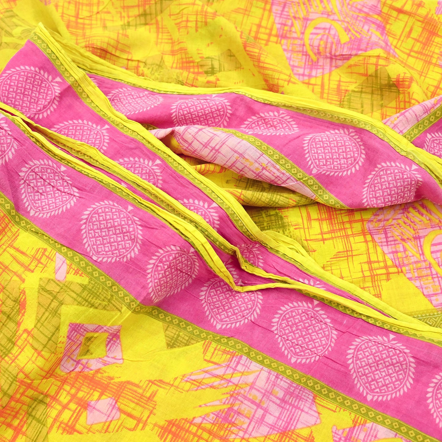 Indian Vintage Sari Pink & Yellow Printed 100% Pure Cotton Saree Craft Fabric 5Yd Soft Sewing Sarong Wrap Boho