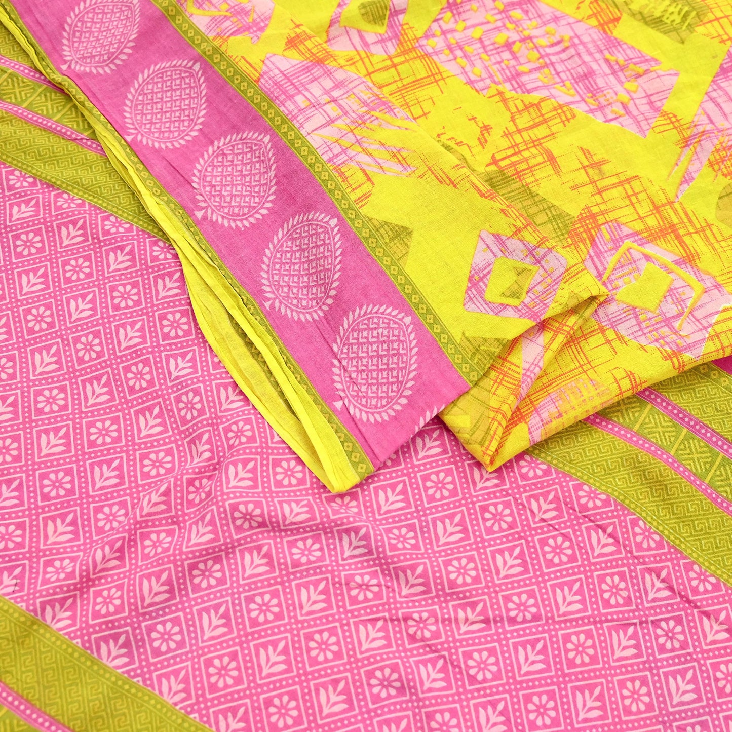 Indian Vintage Sari Pink & Yellow Printed 100% Pure Cotton Saree Craft Fabric 5Yd Soft Sewing Sarong Wrap Boho