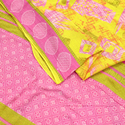 Indian Vintage Sari Pink & Yellow Printed 100% Pure Cotton Saree Craft Fabric 5Yd Soft Sewing Sarong Wrap Boho