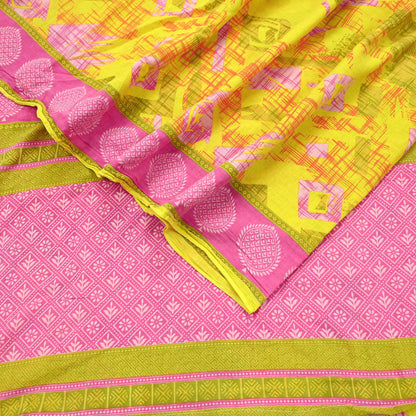 Indian Vintage Sari Pink & Yellow Printed 100% Pure Cotton Saree Craft Fabric 5Yd Soft Sewing Sarong Wrap Boho