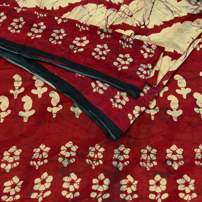 Indian Vintage Maroon & Beige Saree Printed 100% Pure Cotton Sari Craft Fabric 5Yd Soft Sewing Sarong Wrap Dress Making Quilting Crafting