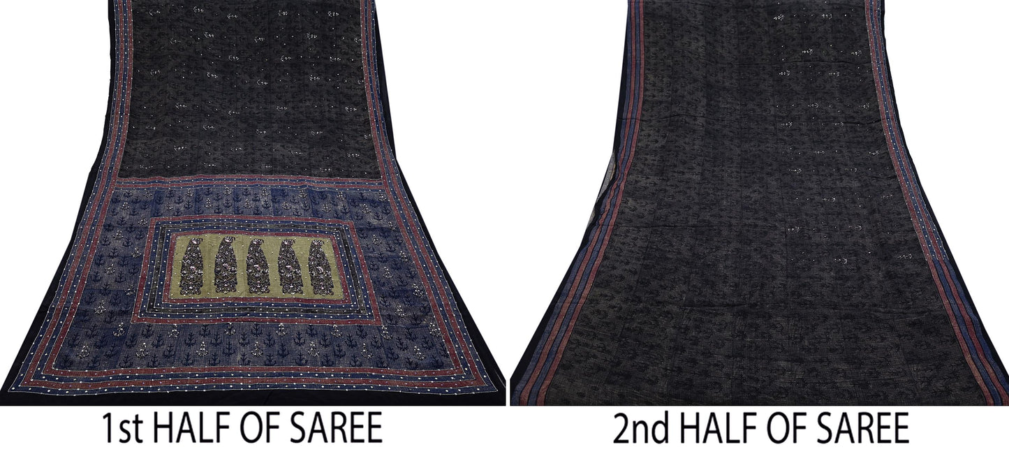 Indian Vintage Sari Pure Crepe Silk Hand Embroidered Sarees 5yd Sewing Floral Craft Sequins Dress making Crafting Quilting