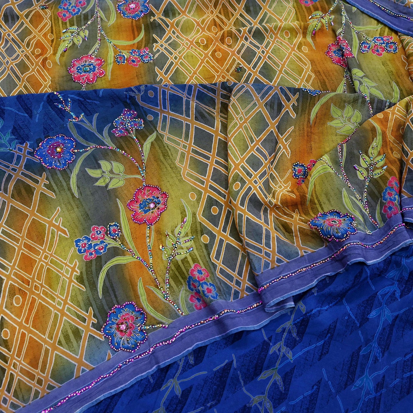 Indian Vintage Sari Blue & Beige Pure Crepe Silk Hand Embroidered Sarees 5yd Sewing Floral Craft Sequins Dress making Crafting Quilting