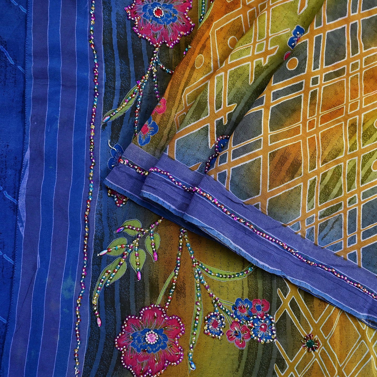 Indian Vintage Sari Blue & Beige Pure Crepe Silk Hand Embroidered Sarees 5yd Sewing Floral Craft Sequins Dress making Crafting Quilting