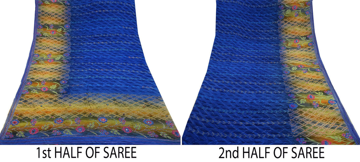 Indian Vintage Sari Blue & Beige Pure Crepe Silk Hand Embroidered Sarees 5yd Sewing Floral Craft Sequins Dress making Crafting Quilting