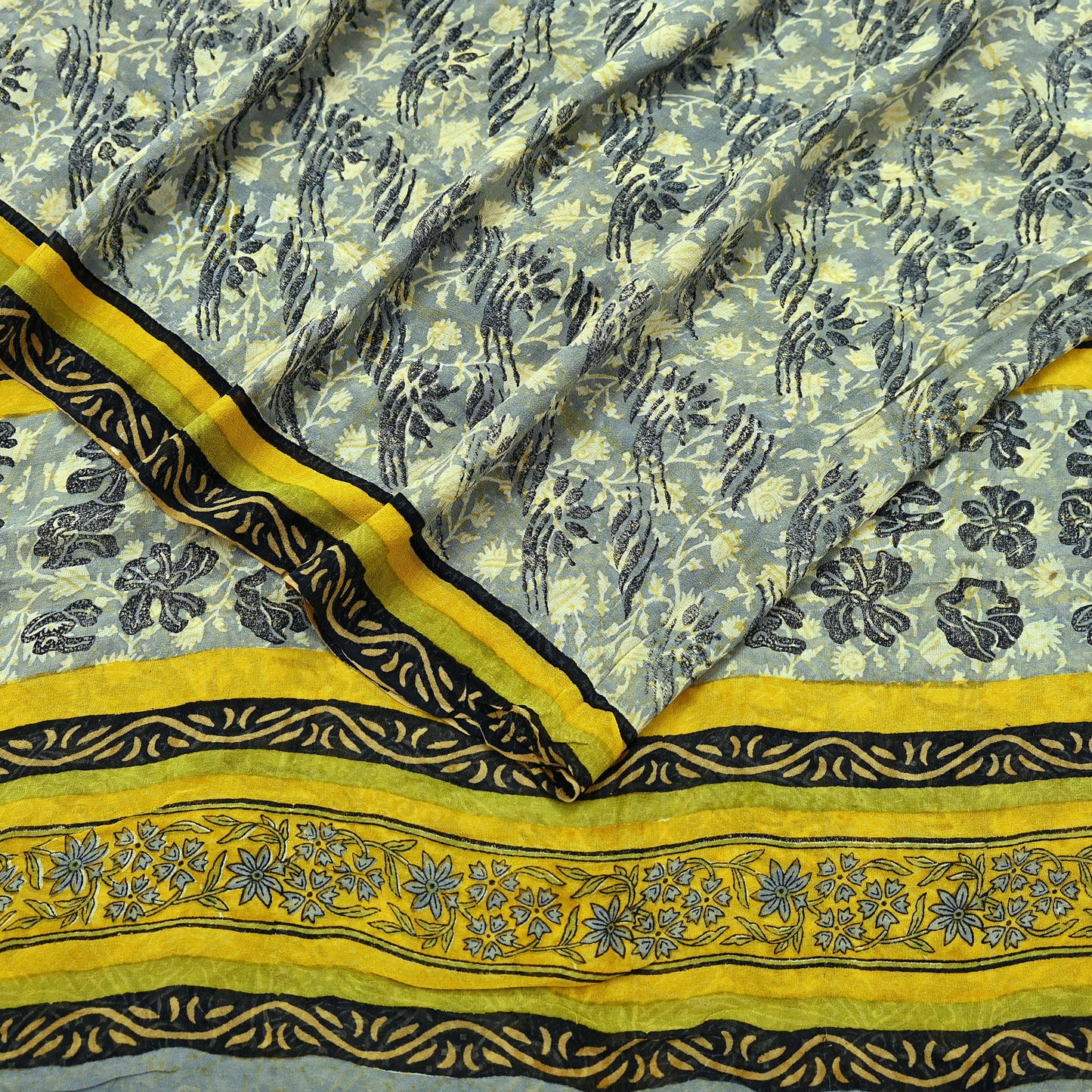 Indian Vintage Sari Gray & Yellow Pure Georgette Silk Printed Sarees 5Yd Craft Fabric Sewing Quilting Dress making Crafting Quilting Upcycle