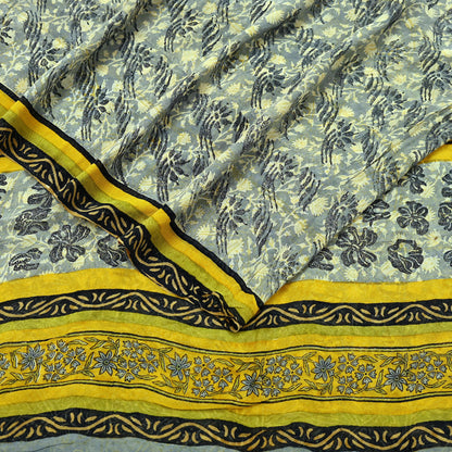 Indian Vintage Sari Gray & Yellow Pure Georgette Silk Printed Sarees 5Yd Craft Fabric Sewing Quilting Dress making Crafting Quilting Upcycle